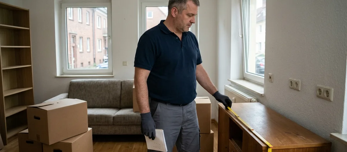 Mitarbeiter misst beim Rundgang eine Anrichte im Wohnzimmer mit dem Bandmaß aus und hält die Menge auf einem Block fest