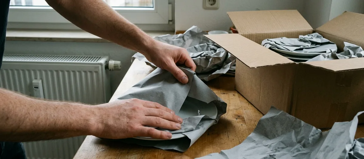 Nahaufnahme zweier Hände, die einen Teller in Packpapier einschlagen, daneben ein halb gefüllter Umzugskarton auf der Küchenarbeitsplatte