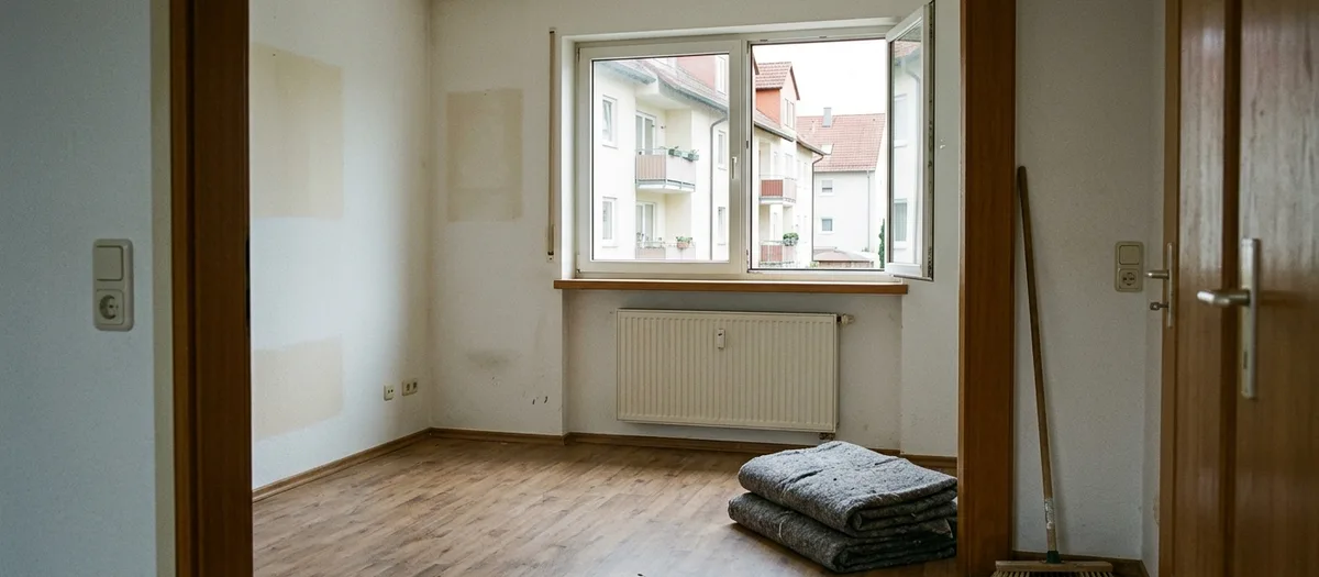 Leer geräumtes Zimmer nach der Entrümpelung, helle Flecken an der Wand vom entfernten Mobiliar, Fenster offen, Besen und zwei Möbeldecken an der Tür