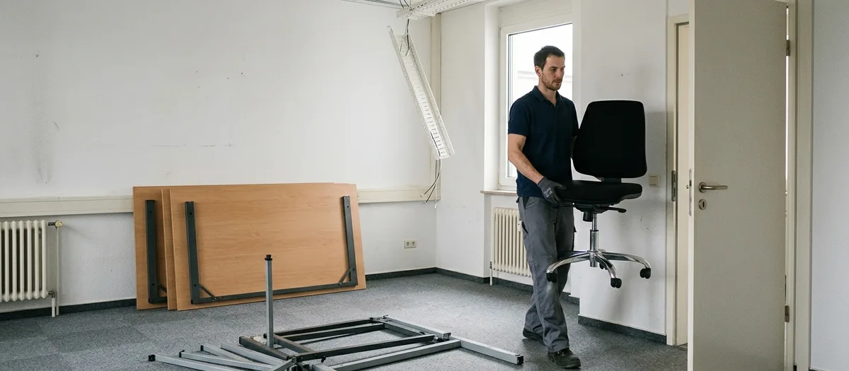Geräumtes Büro, gestapelte Tischplatten an der Wand, zerlegte Gestelle am Boden, ein Mitarbeiter trägt einen Drehstuhl zur Tür