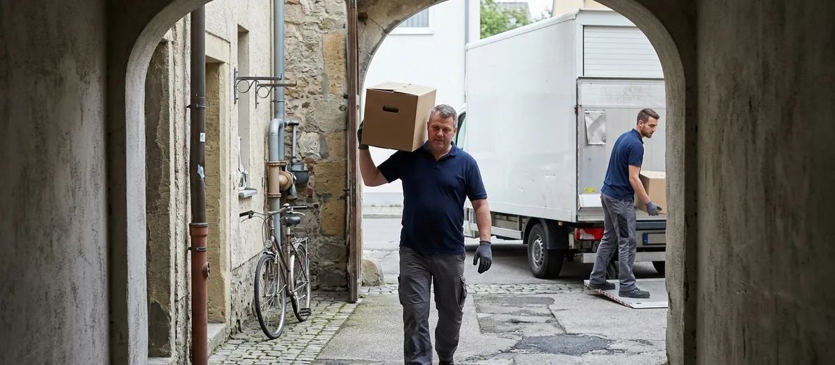 Blick durch eine Toreinfahrt in einen gepflasterten Innenhof, ein Träger kommt mit einem Umzugskarton auf der Schulter durch den Durchgang