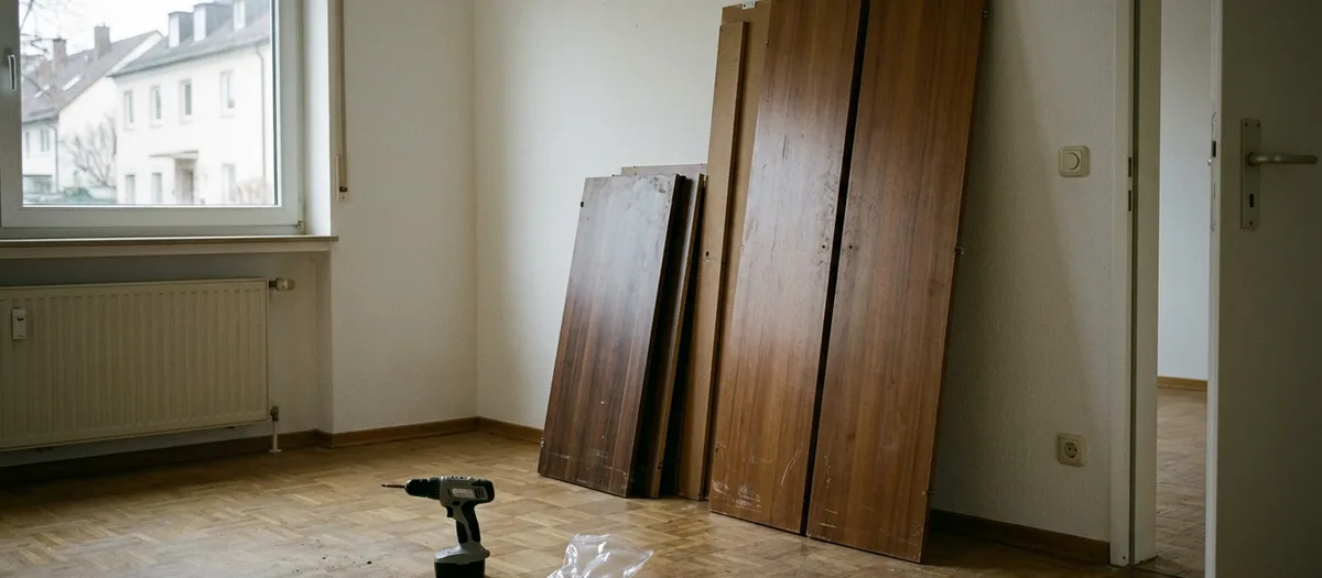 Zerlegter Kleiderschrank in Einzelteilen an der Wand eines leeren Zimmers, Seitenteile und Türen der Reihe nach gestapelt, Akkuschrauber auf dem Parkett