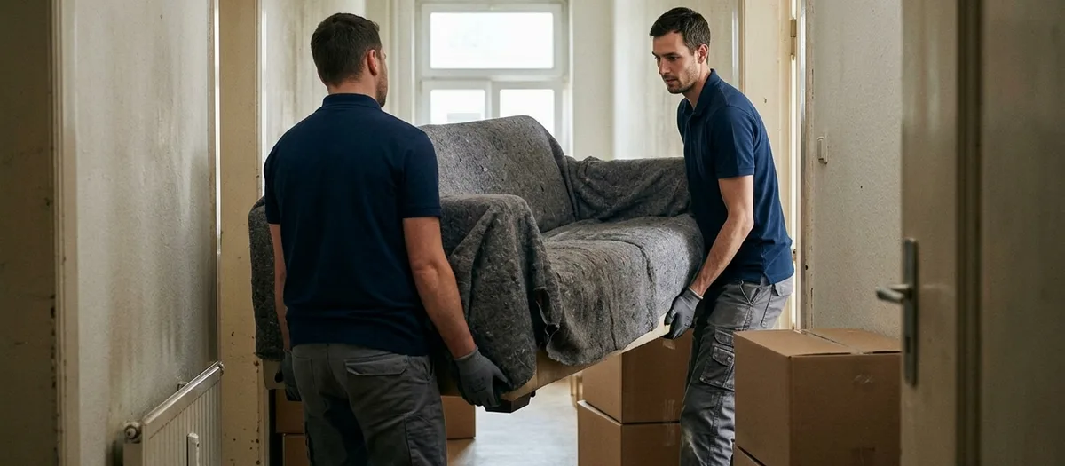 Zwei Träger tragen ein in graue Decken gewickeltes Zweisitzer-Sofa durch eine Wohnungstür, der vordere seitlich gedreht