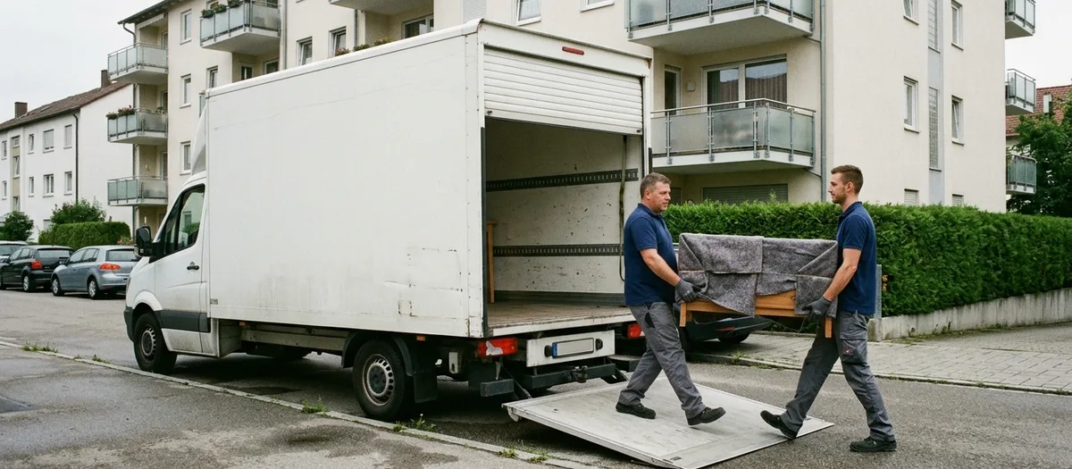 Weißer Kofferwagen mit heruntergelassener Ladebordwand vor einem Wohnhaus, zwei Träger bringen eine in Decken geschlagene Kommode zur Rampe