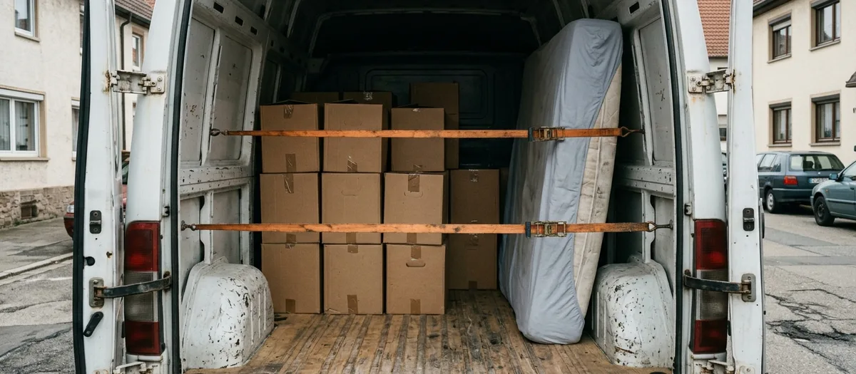 Laderaum eines Transporters von hinten, Umzugskartons in Reihen gestapelt und eine hochkant stehende Matratze, mit zwei Spanngurten gesichert