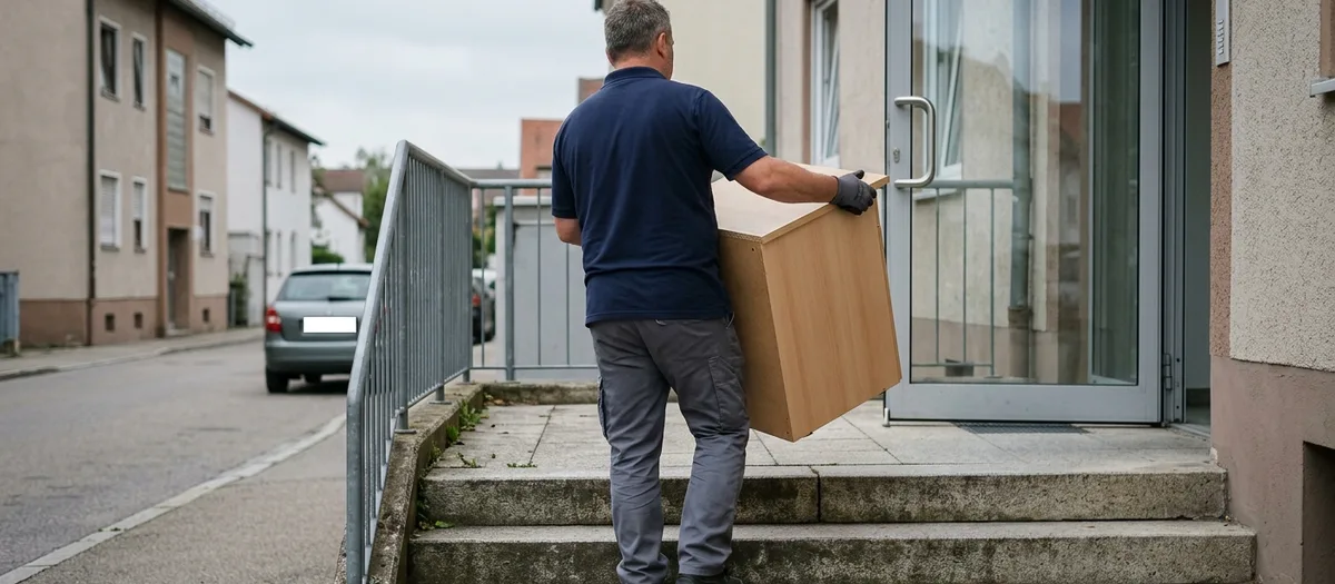 Ein Träger trägt einen Küchenoberschrank die letzten Stufen eines Hauseingangs hinauf, von hinten aufgenommen