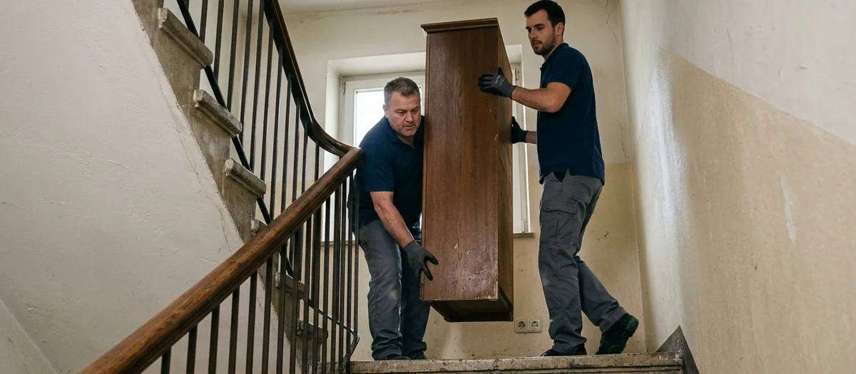 Zwei Träger führen einen hohen schmalen Schrank um den Treppenabsatz eines Altbautreppenhauses, von unten durch das Treppenauge gesehen