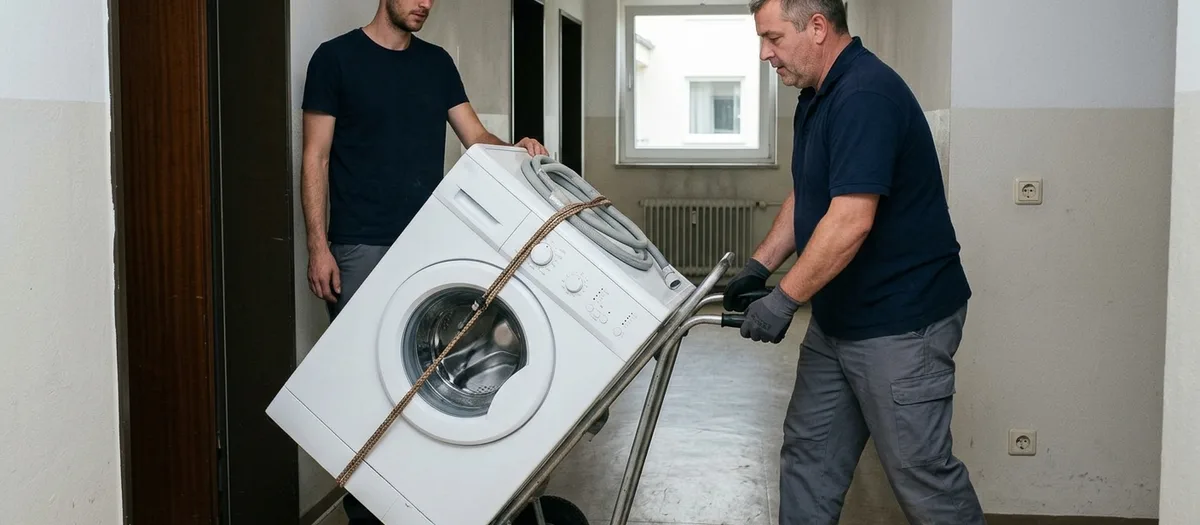 Waschmaschine mit Gurt auf einer Sackkarre im Wohnungsflur, ein Träger kippt sie auf die Räder zurück