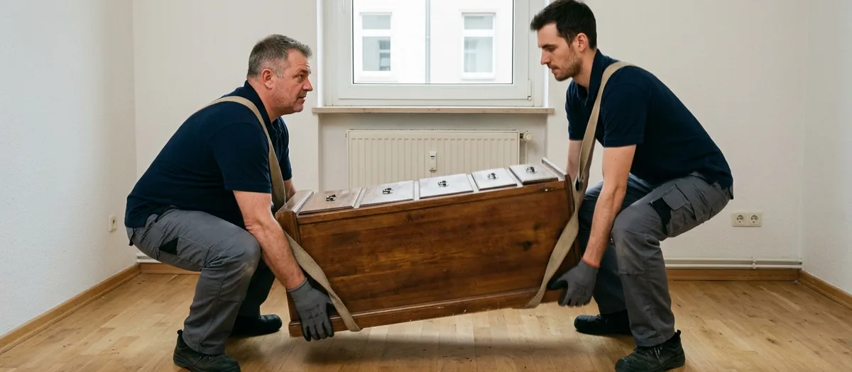 Zwei Träger heben eine schwere Kommode gemeinsam mit Tragegurten aus der Hocke an, in einem leer geräumten Zimmer